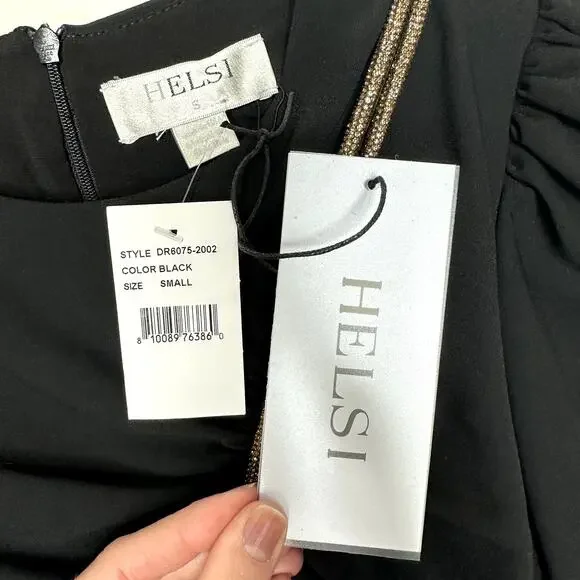 NEW Helsi Josephine Black Gold Crystal Rope Asymmetric Long Sleeve Mini Dress - Picture 7 of 8